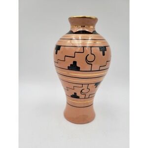 Vintage Brena Oaxaca Mexico 8" MCM Vase Deco Gold Tone Accents